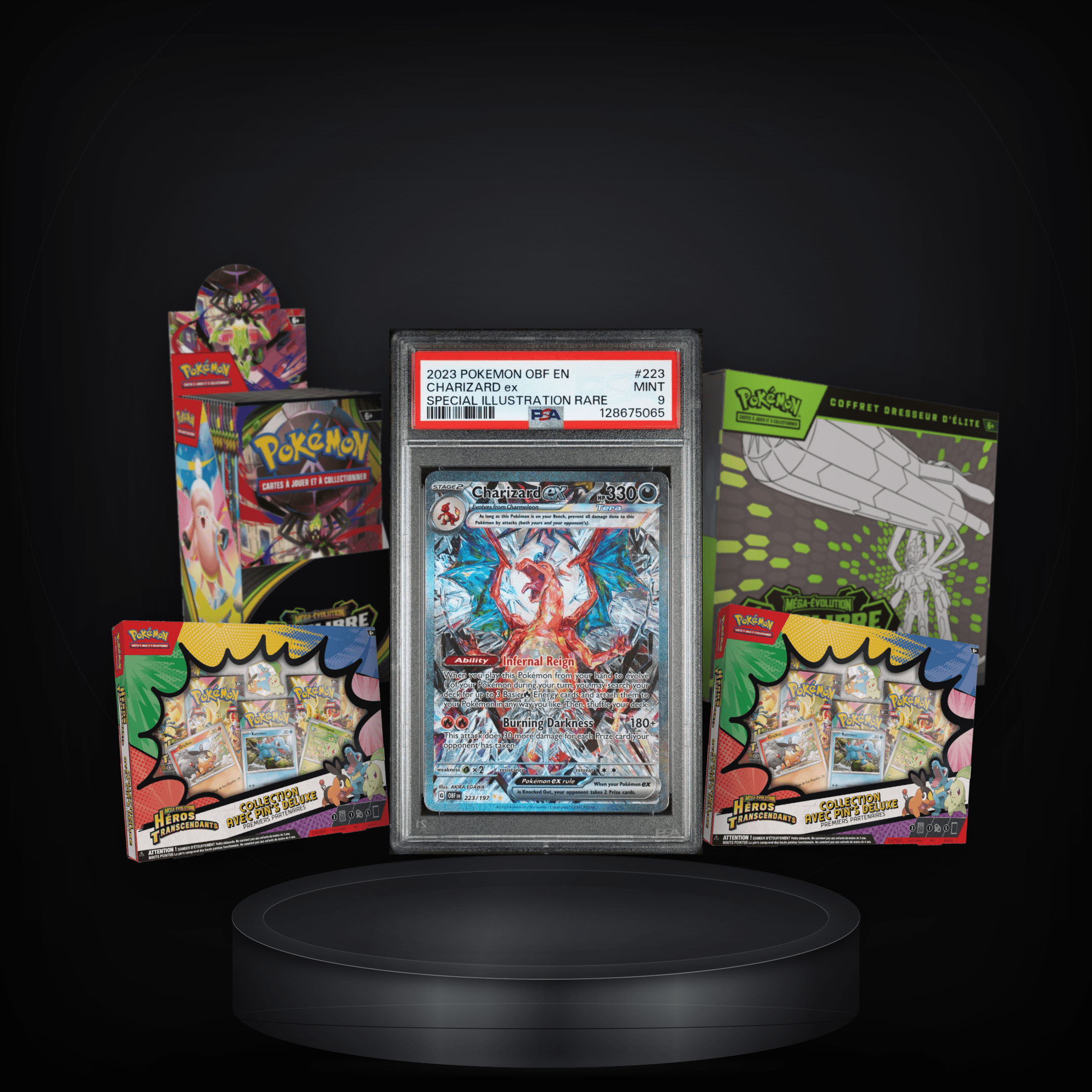 Lot Chase — Charizard ex PSA 9 + Demi-Display + ETB + 2 Pins